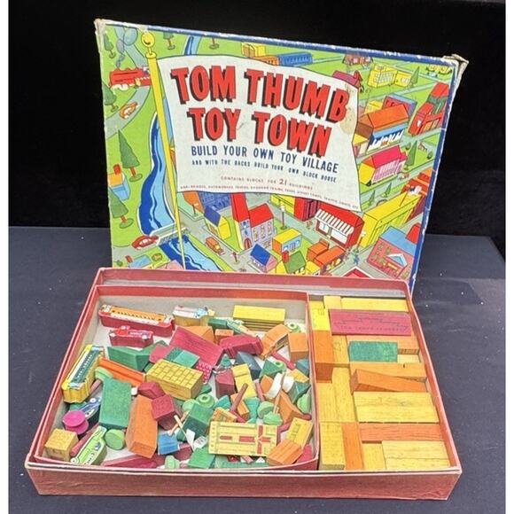 1937 TOM THUMB TOY TOWN Transogram Gold Medal toy wooden blocks buildings car - Picture 8 of 11